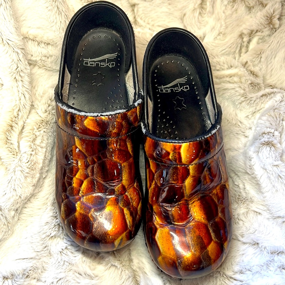 Dansko Professional tigers reptile snake print leather Clogs